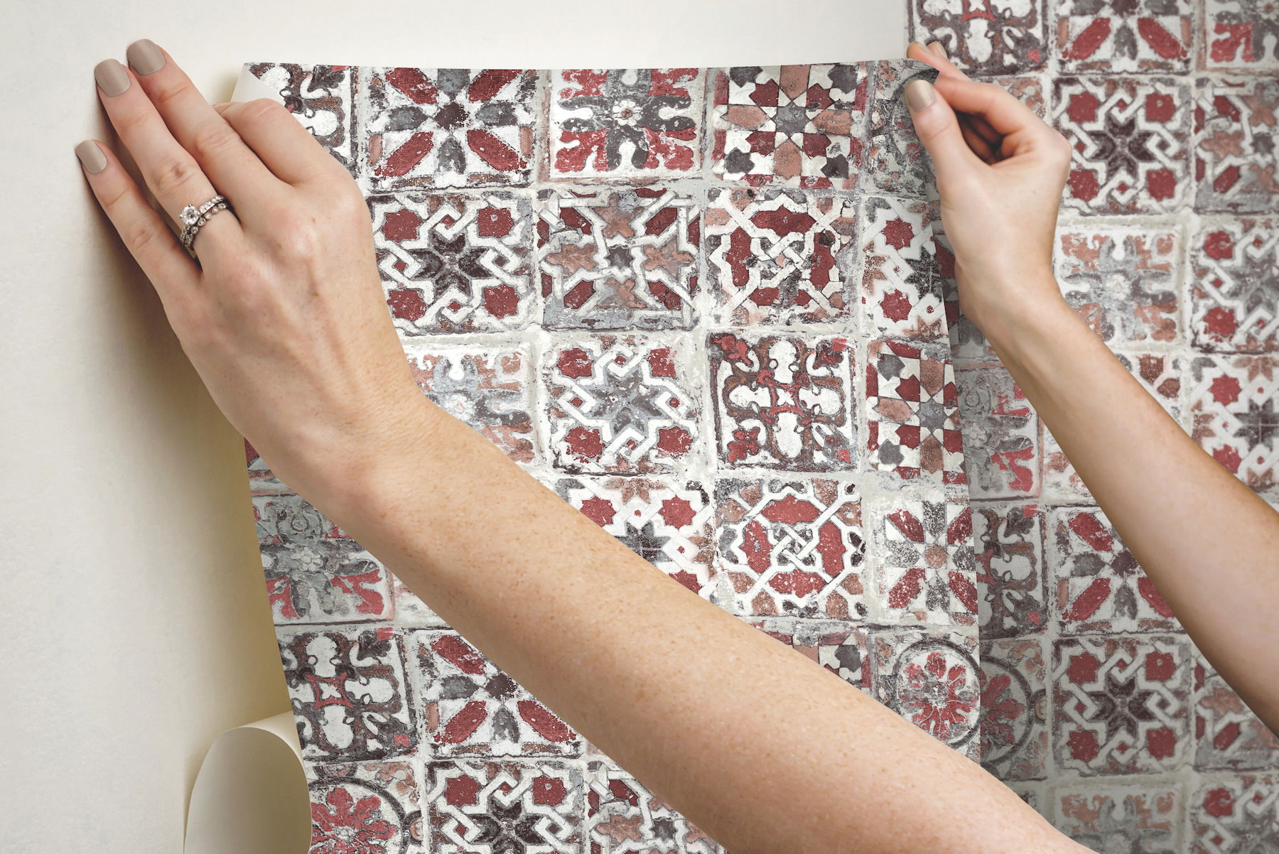 Encaustic Tile Red Peel & Stick Wallpaper large image 