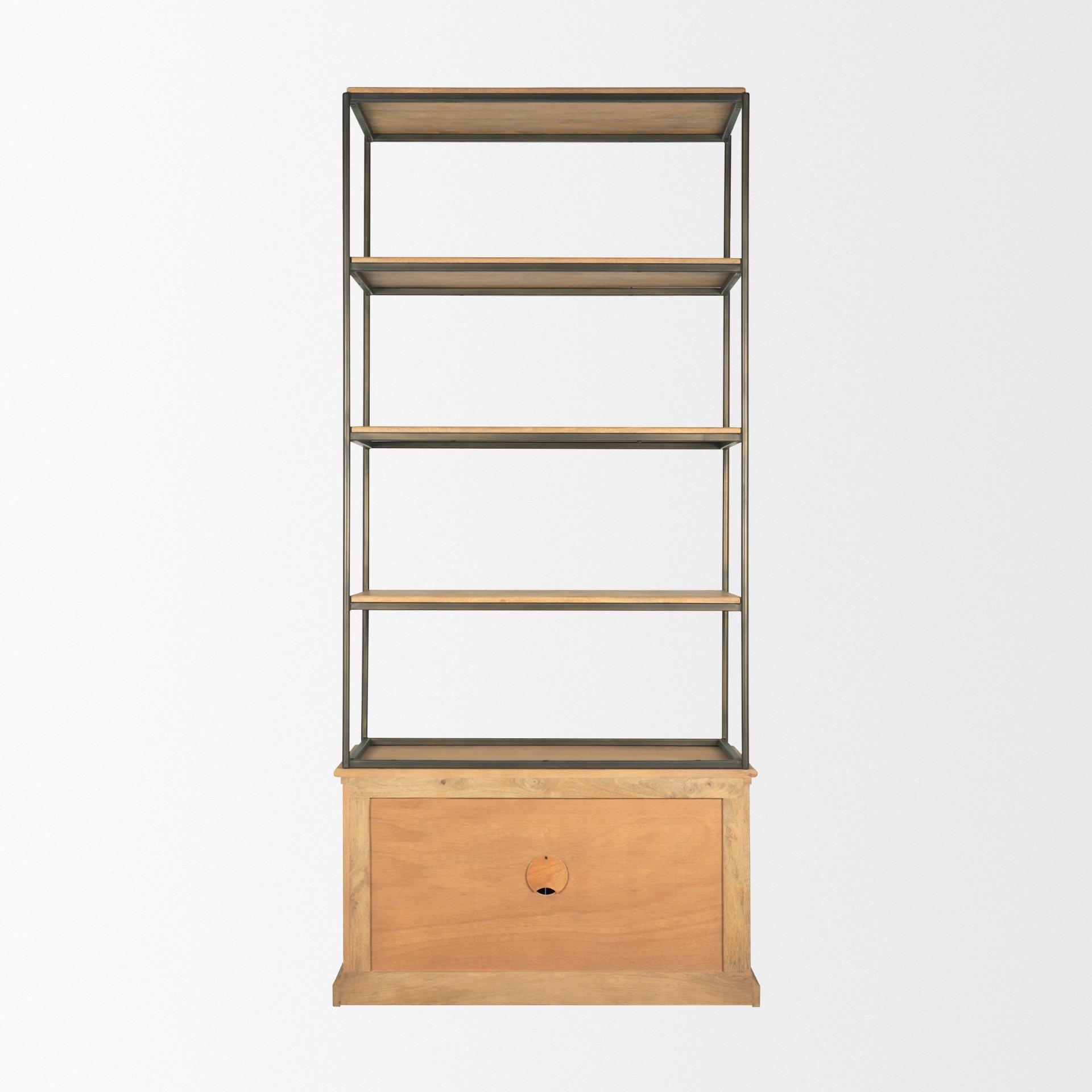 Baron Light Brown Wood with Gunmetal 2-Door Open Shelving Unit, Shelving & Bookcase by Mercana, 41.75" length x 19" width x 90" height View 6