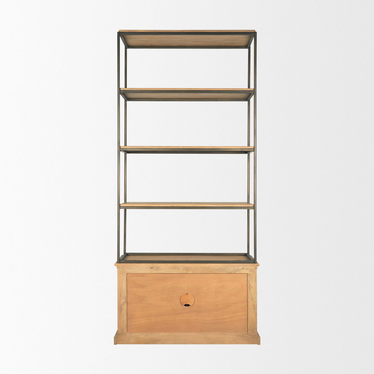 Baron Light Brown Wood with Gunmetal 2-Door Open Shelving Unit, Shelving & Bookcase by Mercana, 41.75" length x 19" width x 90" height View 6