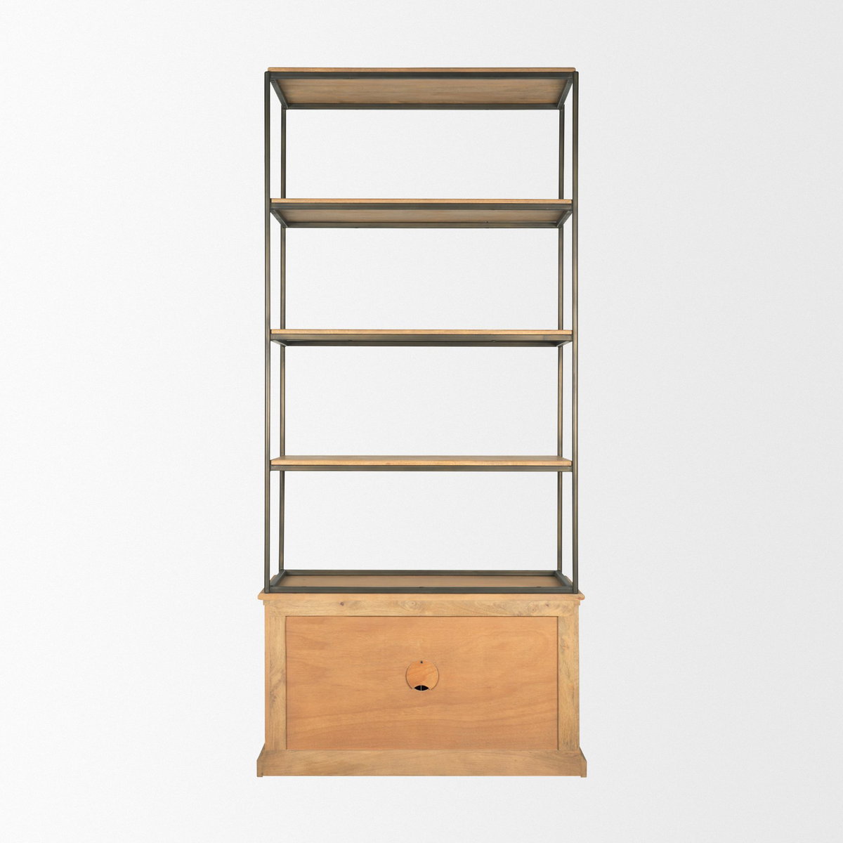 Baron Light Brown Wood with Gunmetal 2-Door Open Shelving Unit, Shelving & Bookcase by Mercana, 41.75" length x 19" width x 90" height View 6