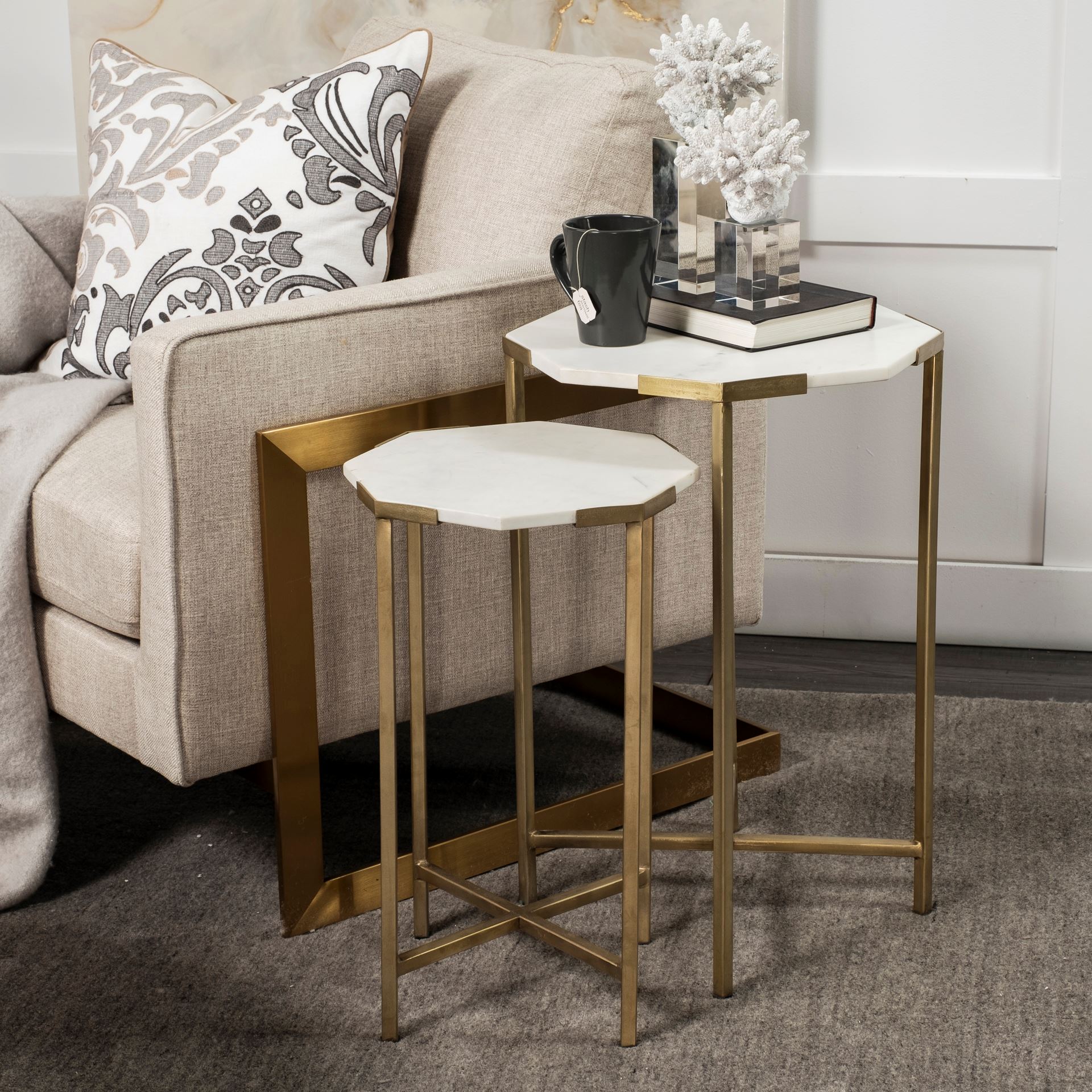 Vincent Octagonal White Marble Tabletop with Gold Metal End/Side Tables large image 