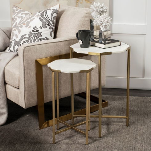 Vincent Octagonal White Marble Tabletop with Gold Metal End/Side Tables