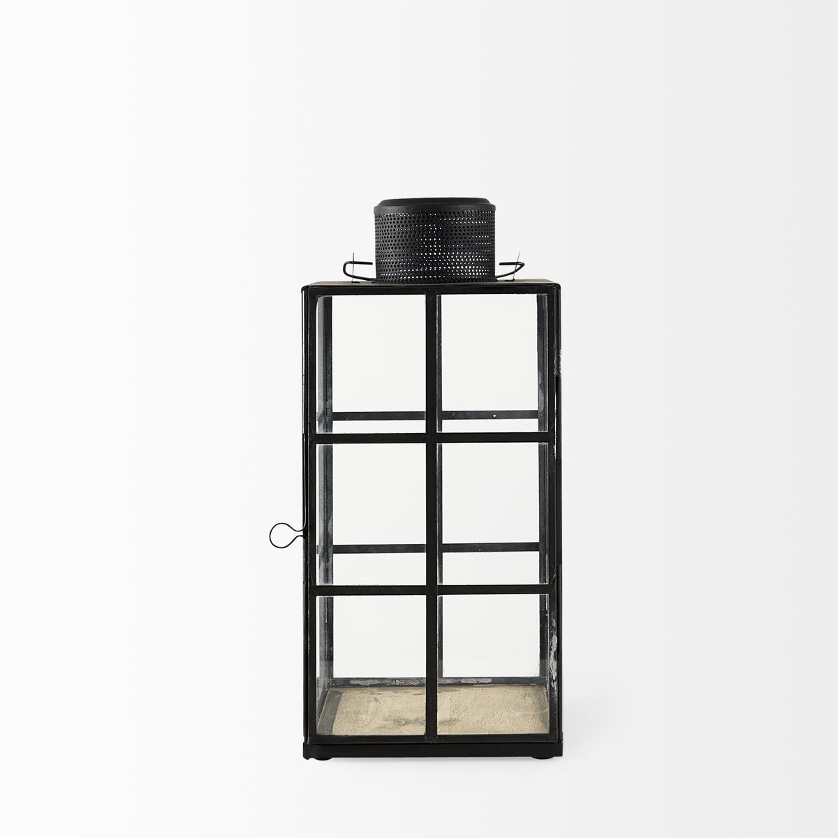 Gamfield  Medium Black Metal and Glass Lantern, Lighting by Mercana, 6.1" length x 6.1" width x 13.39" height View 6