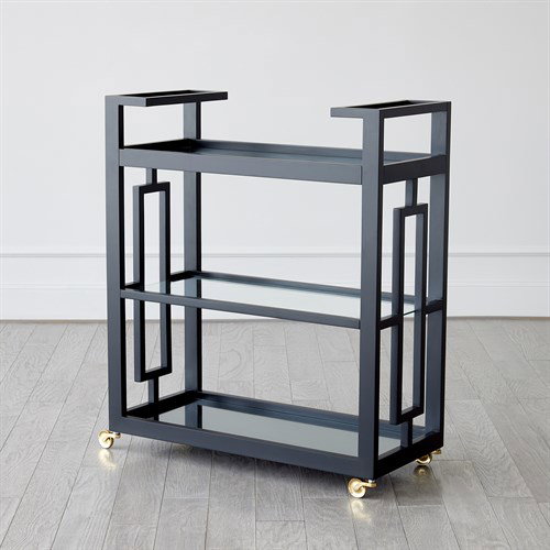 Grid Block Bar CartBlack Lacquer with Shiny Bras, Decor by Global Views, 36" length x 16" width x 42" height View 2
