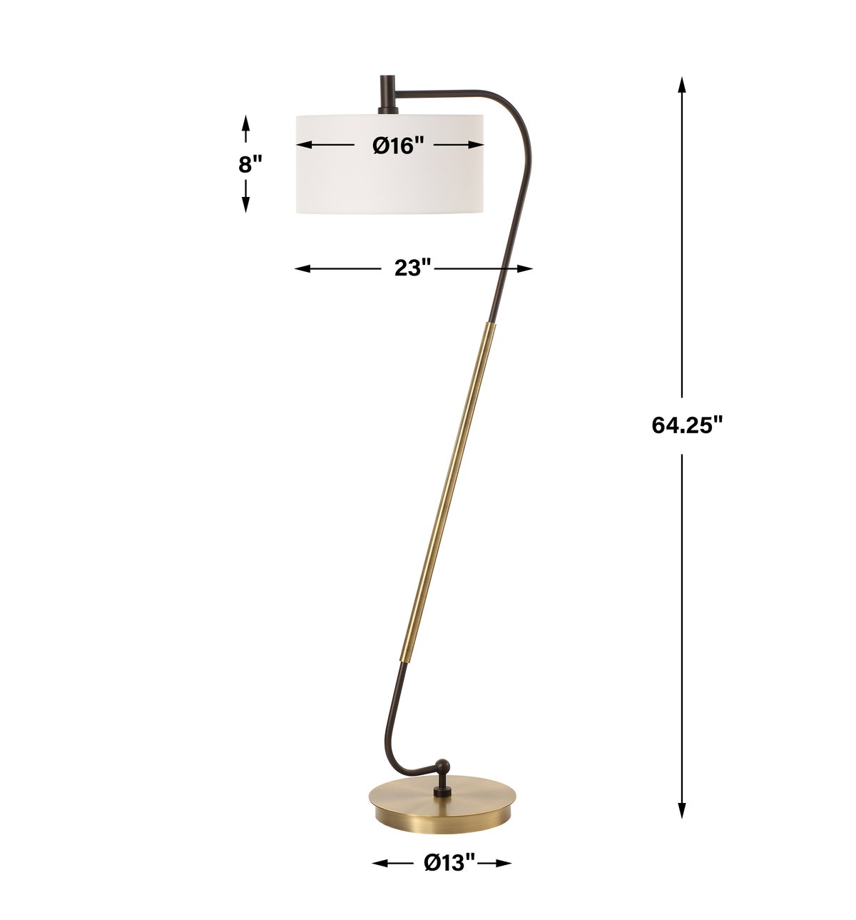 Irwin Curved Brass Floor Lamp, by Uttermost, 23" width x 64.25" height x 16" depth View 3