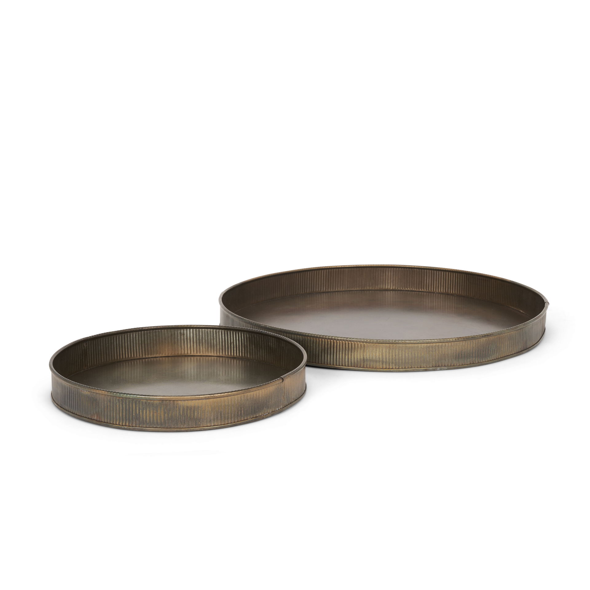Varun Round Antiqued Brass Metal Tray (Set of 2), Decorative Tray by Mercana, 18.5" length x 18.5" width x 1.77" height View 1