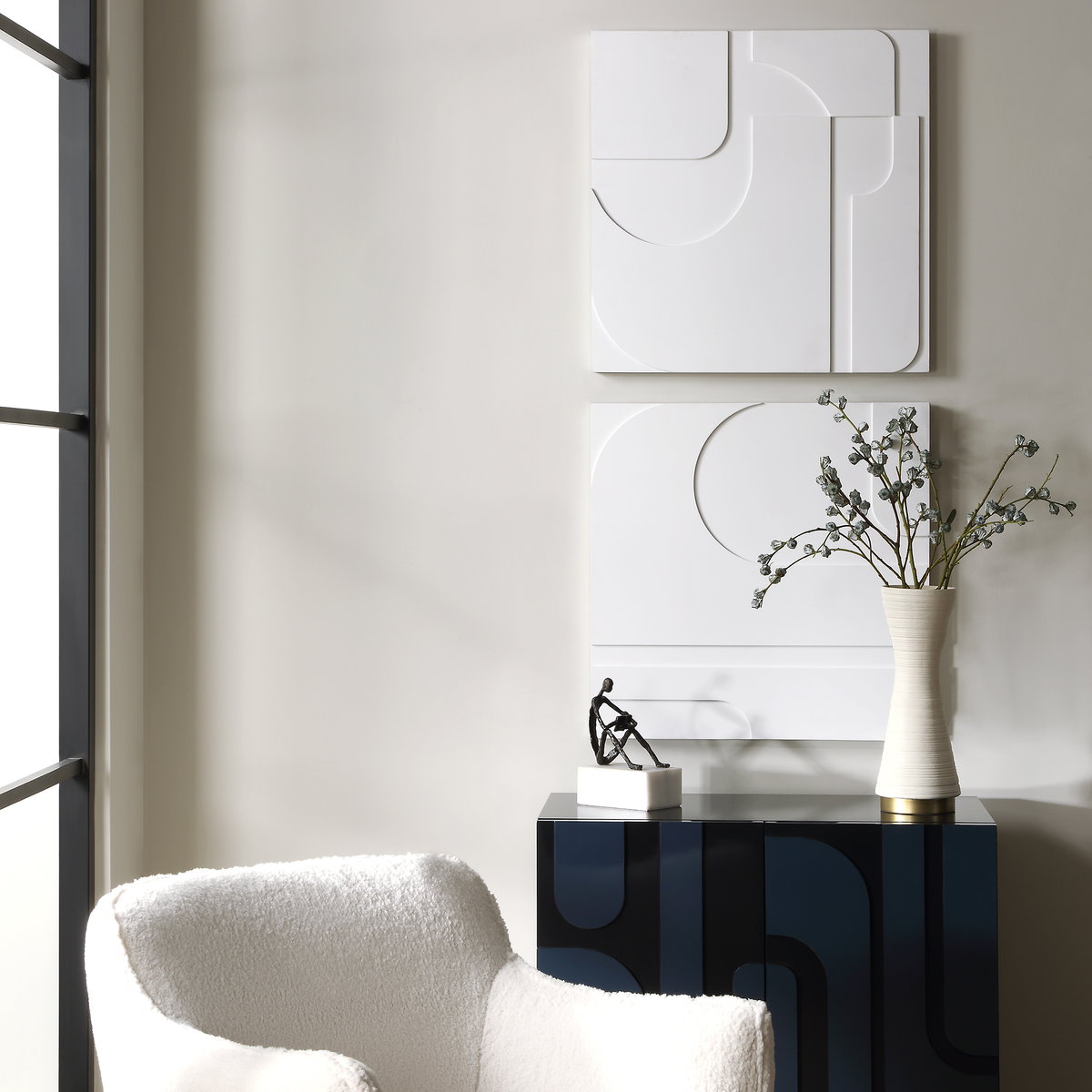 Contours White Wall Decor Set/2, Sculptural Wall Art by Uttermost, 24" width x 24" height x 1.38" depth View 2