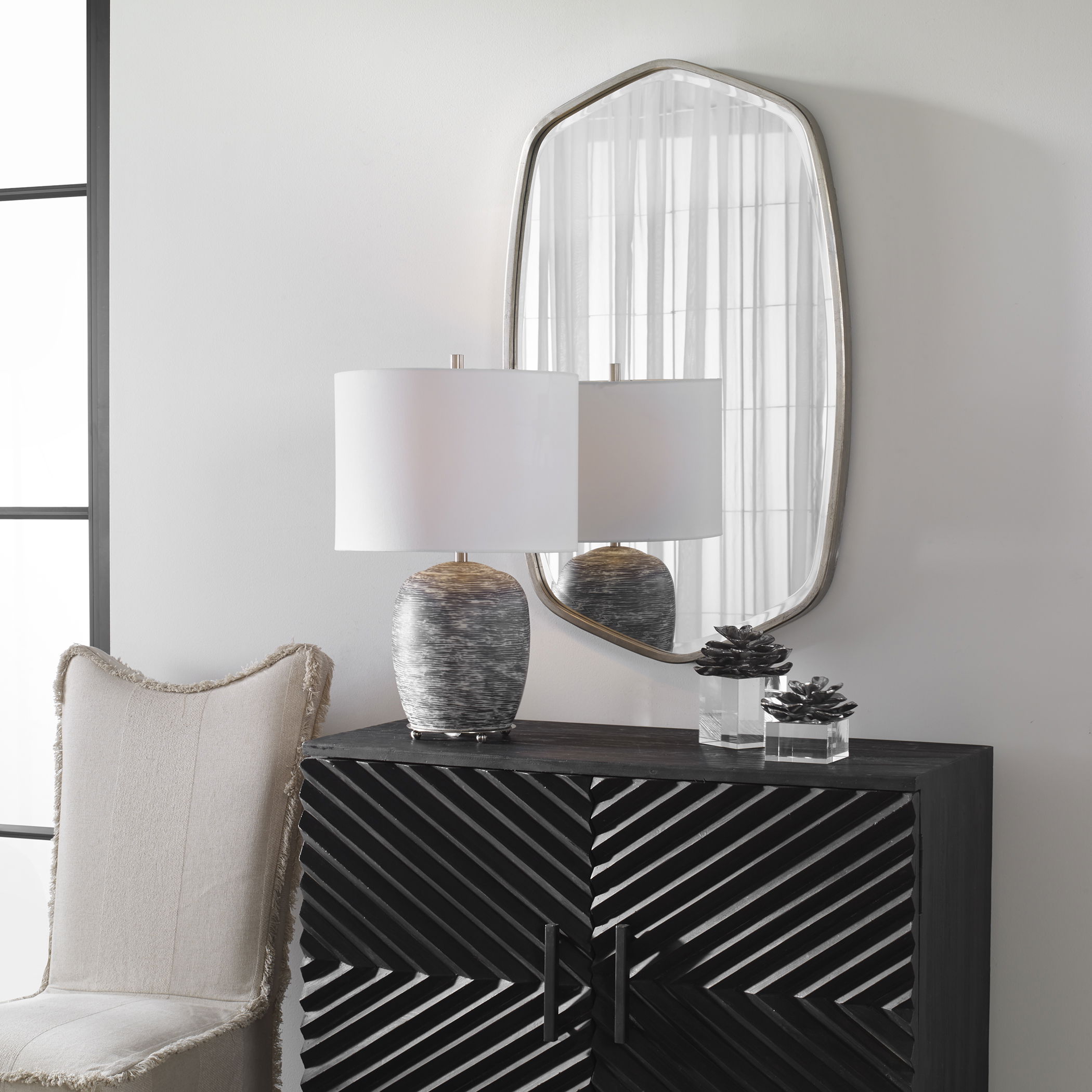 Duronia Brushed Silver Mirror, by Uttermost, 22.25" width x 36.25" height x 1.75" depth View 2