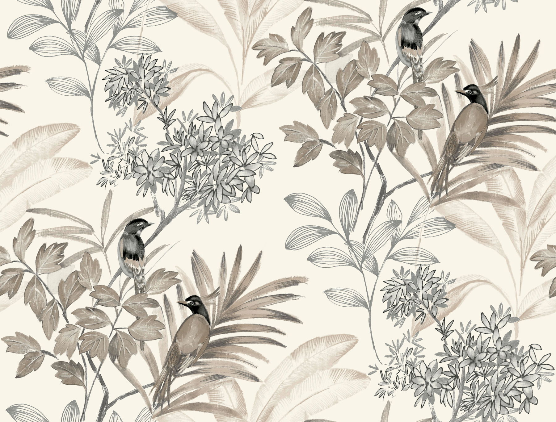 Handpainted Songbird Grey Wallpaper, by York Wall, 27' length x 2'3" width x 0.02" depth View 1