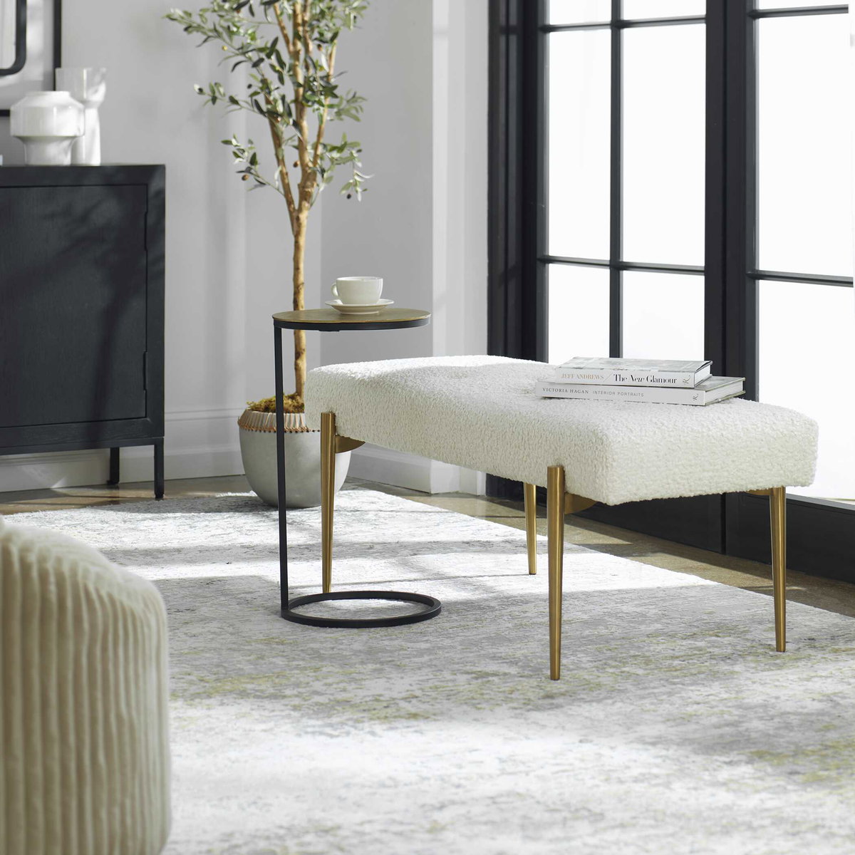 Olivier White Bench, Benche by Uttermost, 49" width x 19" height x 20" depth View 4