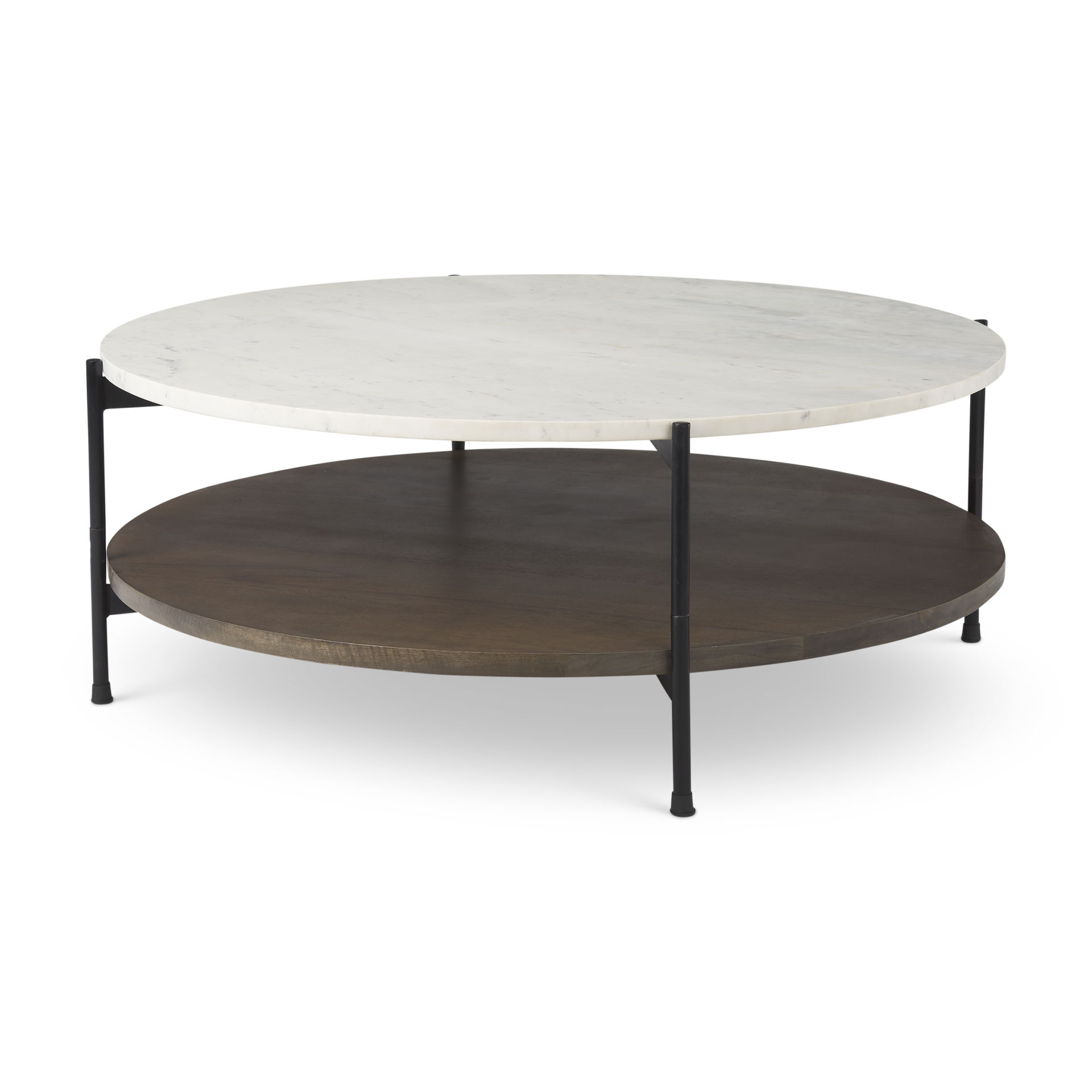 Larkin 42' Round Two-Tier White Marble Top and Solid Wood Shelf with Black Metal Frame Coffee Table, by Mercana, 43.5" length x 43.5" width x 16" height View 1