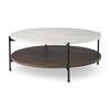 Larkin 42' Round Two-Tier White Marble Top and Solid Wood Shelf with Black Metal Frame Coffee Table, by Mercana, 43.5" length x 43.5" width x 16" height thumbnail 1