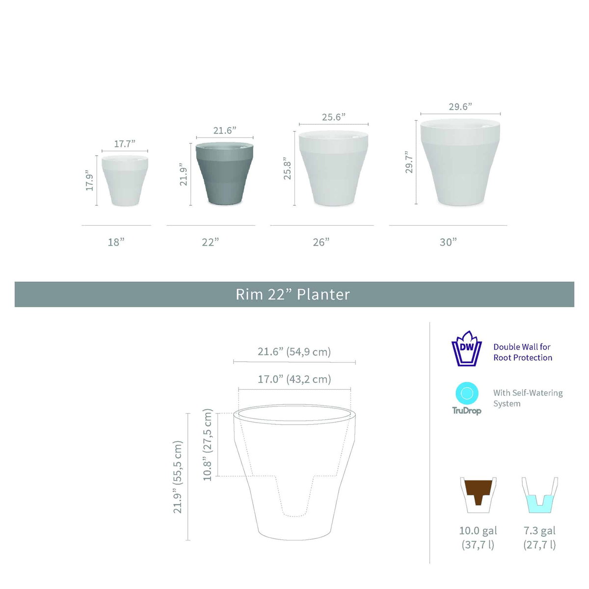 TruDrop Rim Modern Self Watering Planter, by Crescent Garden, 22" width x 22" height x 22" depth View 6