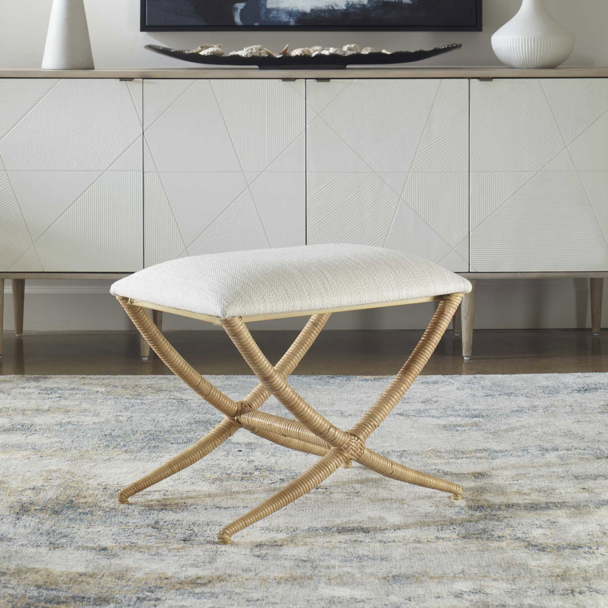 Expedition White Fabric Small Bench, Furniture by Uttermost, 23.5" width x 20" height x 16.12" depth View 2