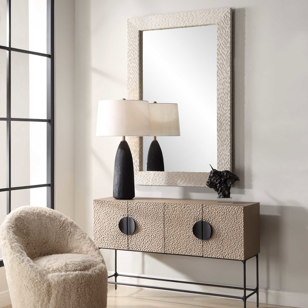 Everett Ivory Stone Mirror, by Uttermost, 39.62" width x 59.62" height x 2" depth View 4