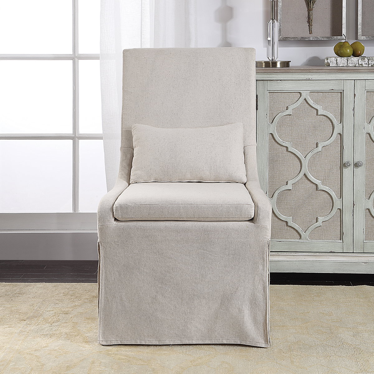 Coley White Linen Armless Chair, Accent Chair by Uttermost, 23" width x 39.5" height x 25" depth View 2