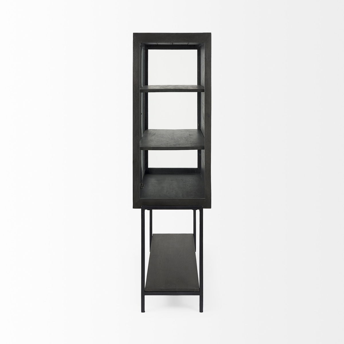 Arelius 36L x 18.75W x 63H Black-Brown Wood with Black Metal Base Display Cabinet, Cabinets & Sideboard by Mercana, 36" length x 18.75" width x 63" height View 7