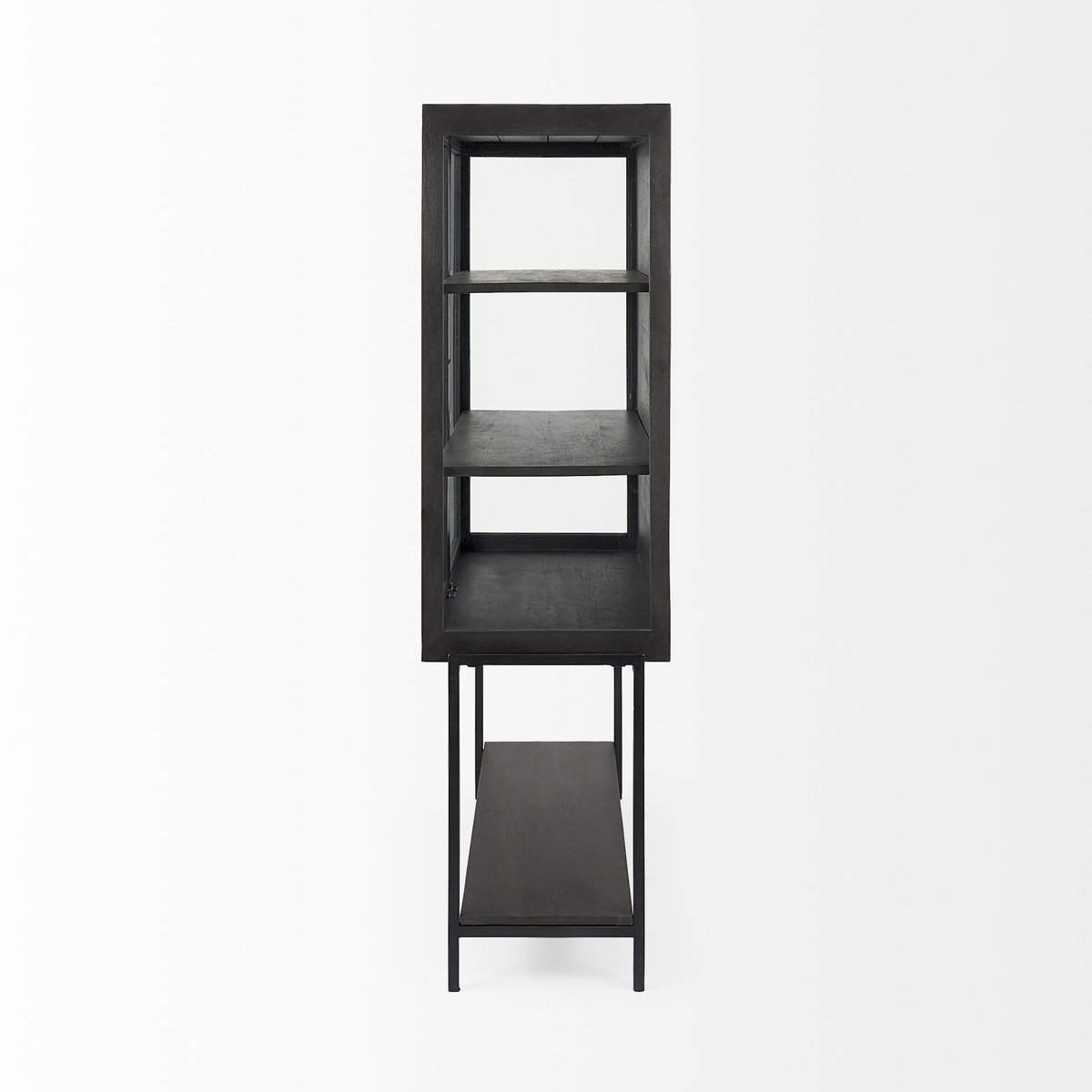 Arelius 36L x 18.75W x 63H Black-Brown Wood with Black Metal Base Display Cabinet, Cabinets & Sideboard by Mercana, 36" length x 18.75" width x 63" height View 7
