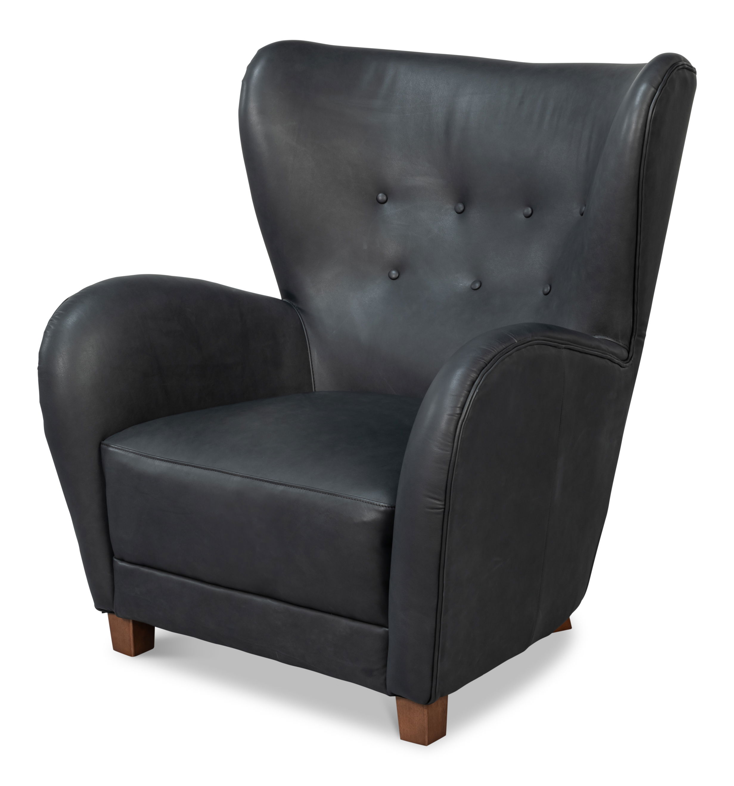 Lombard Wing Chair,Santoni Black Leather, Seating by Sarreid, 34" length x 36" width x 40" height