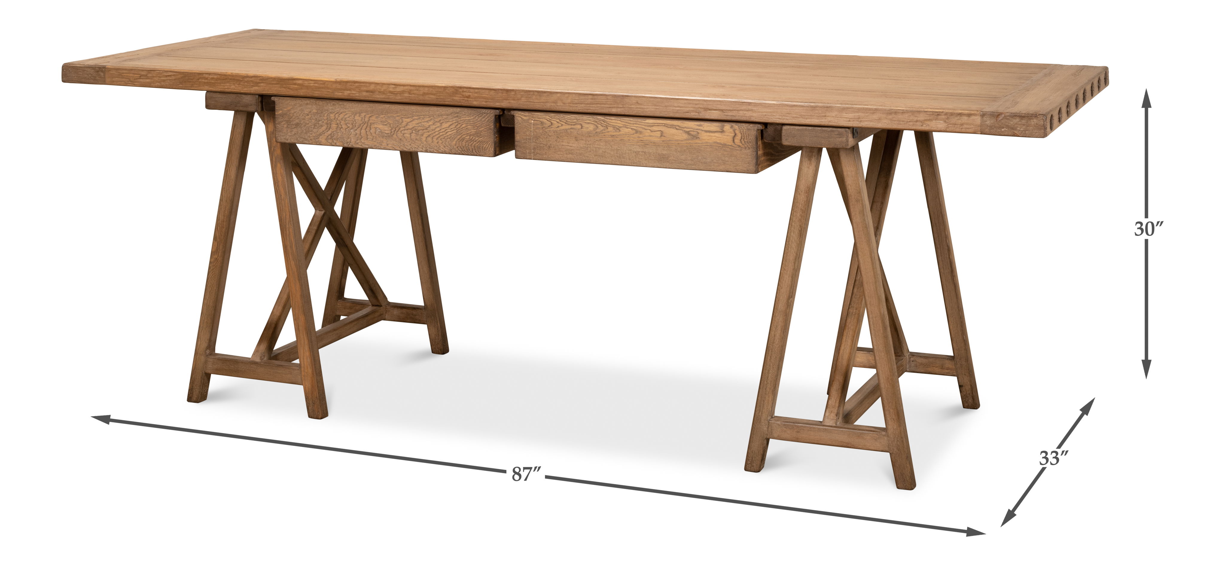 Sawhorse Desk, Natural Polished Old Pine, by Sarreid, 87" length x 33" width x 30" height View 13