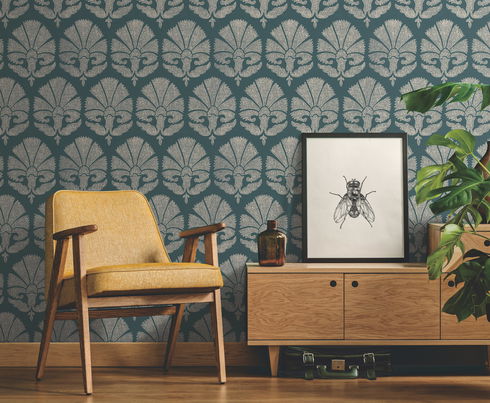 Ottoman Fans Deep Teal & Cream Wallpaper