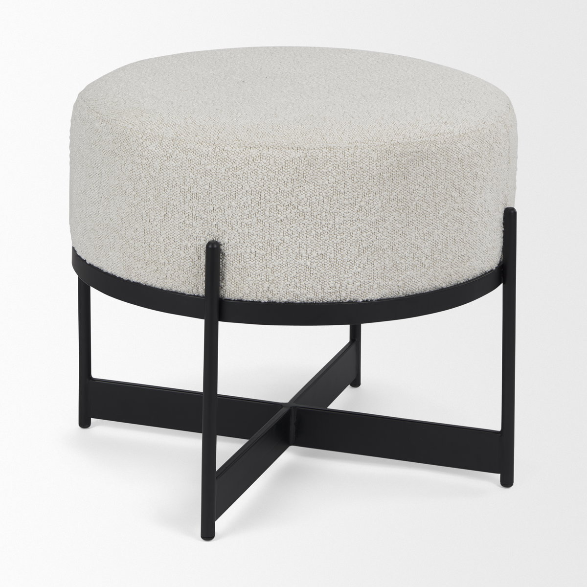 Amelia Cream Boucle with Black Metal Upholstered Pouf, Ottoman by Mercana, 21.26" length x 21.26" width x 19" height View 7