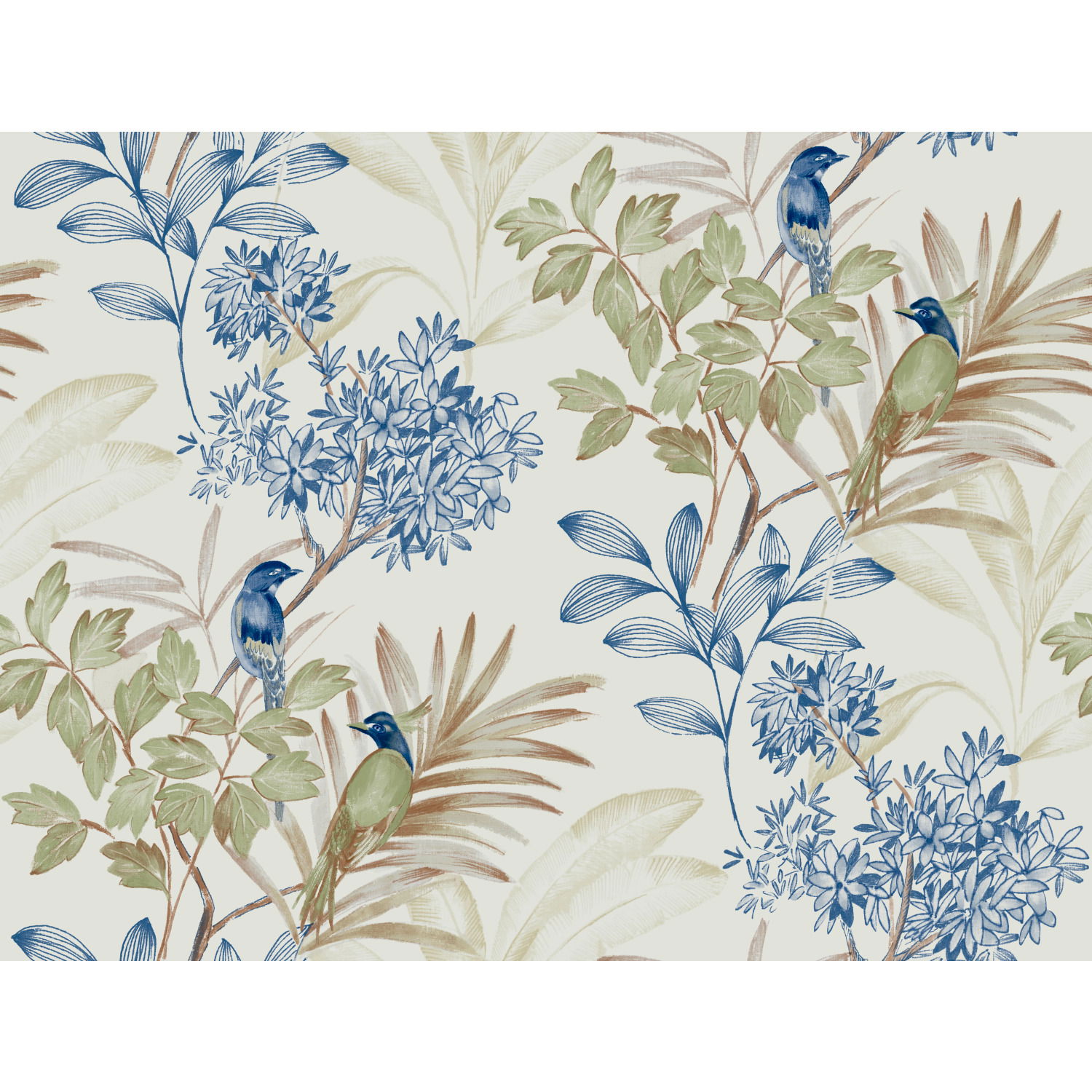 Handpainted Songbird Green & Blue Wallpaper large image 