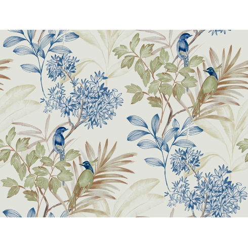 Handpainted Songbird Green & Blue Wallpaper