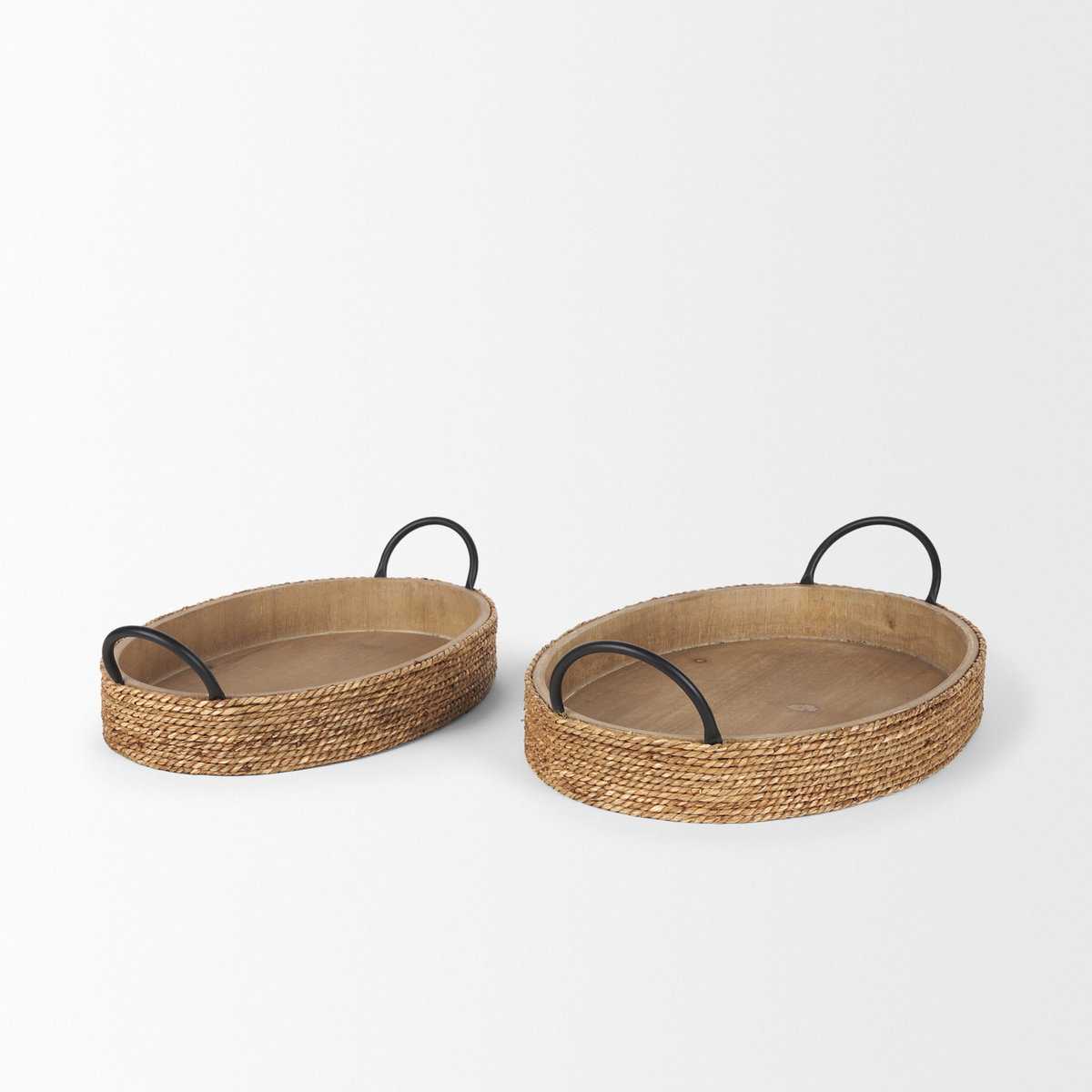 Wheaton Light Brown Wood with Natural Jute Serving Trays, Decorative Tray by Mercana, 20" length x 12.12" width x 4.75" height View 5