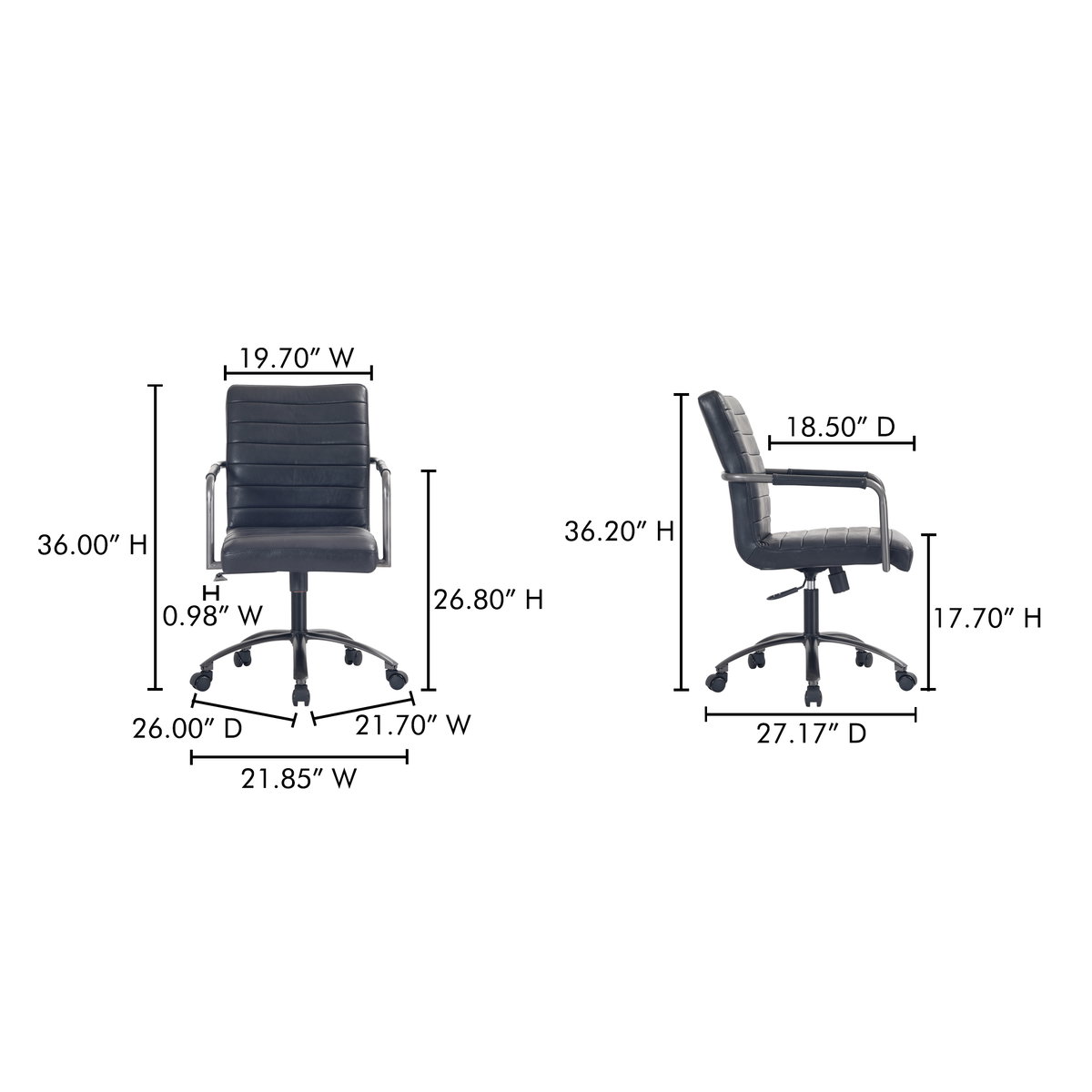 Roy Office Chair Black Leather, by Moe's Home, 21.85" width x 36" height x 27.17" depth View 10