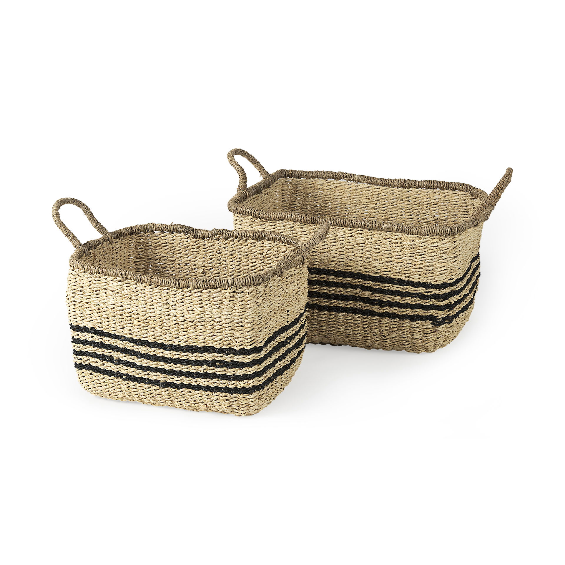 Emma  (Set of 2) Light Brown Seagrass Rectangular Basket with Black Stripes, Bins & Basket by Mercana, 17.32" length x 12.99" width x 11.02" height View 1