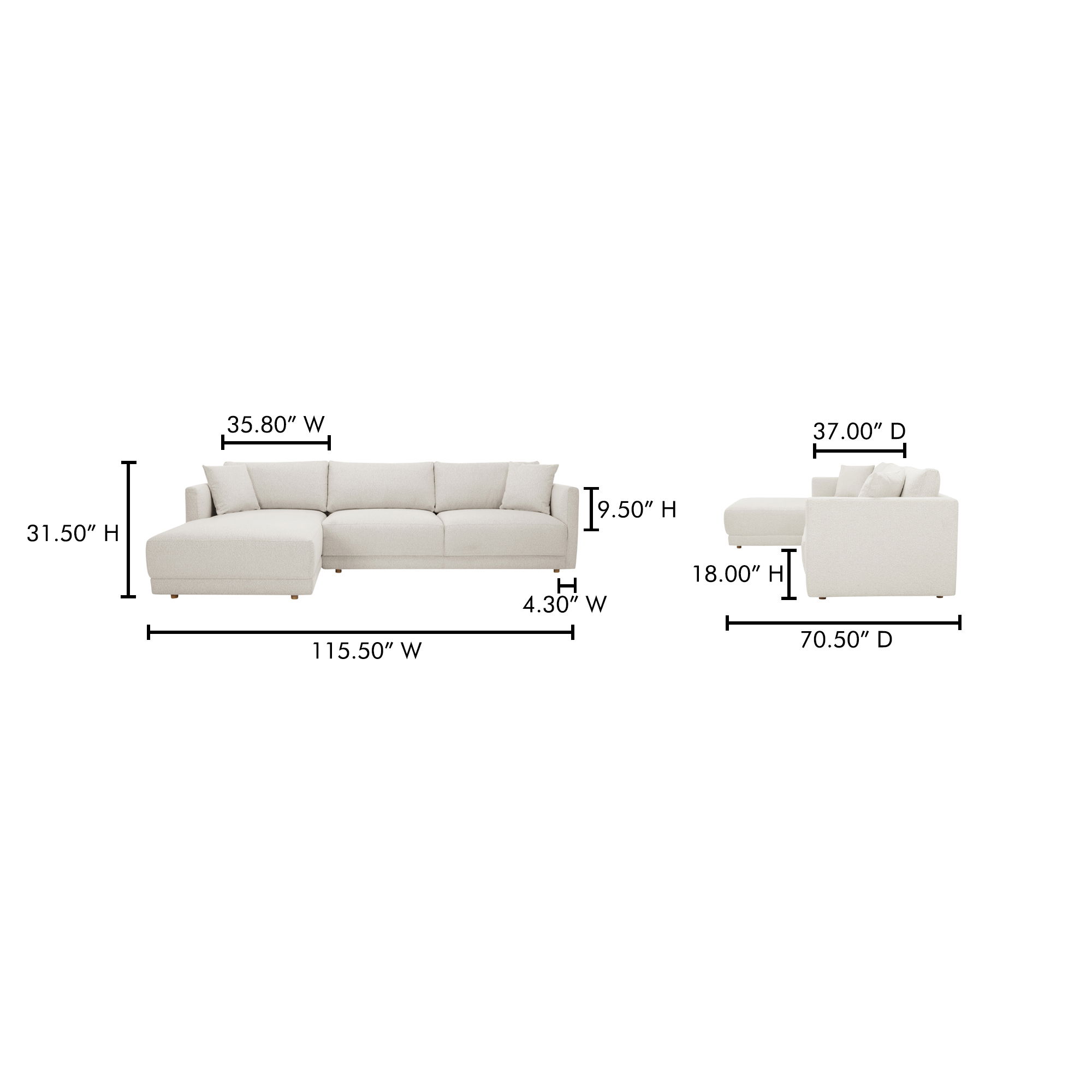 Bryn Sectional Left Oyster, Sectional Sofa by Moe's Home, 115.5" width x 31.5" height x 70.5" depth View 8