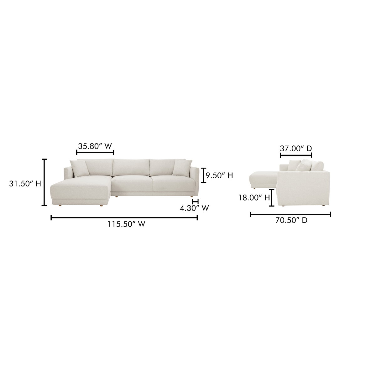 Bryn Sectional Left Oyster, Sectional Sofa by Moe's Home, 115.5" width x 31.5" height x 70.5" depth View 8