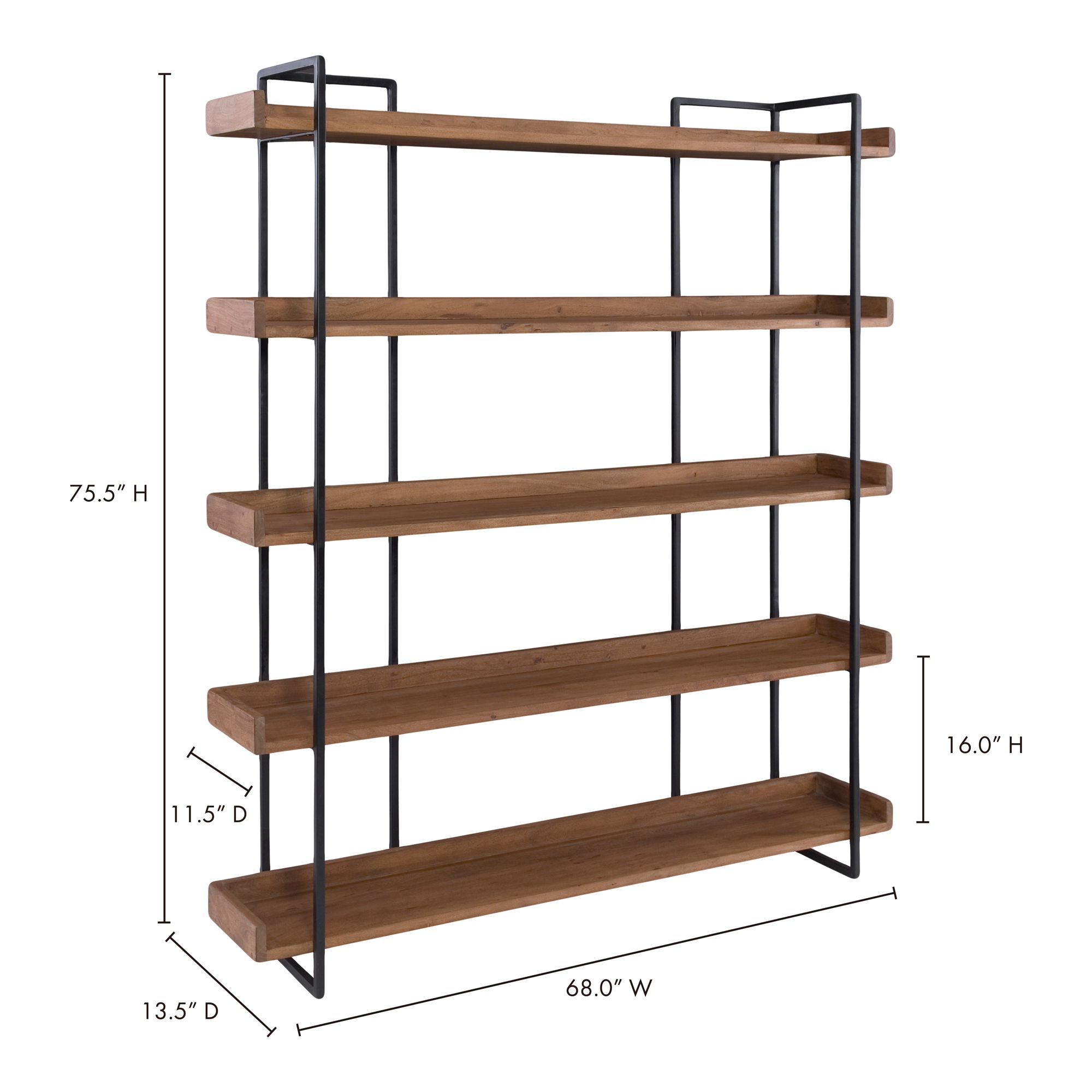 Vancouver Bookshelf Large Light Brown, Shelving & Bookcase by Moe's Home, 68" width x 75.5" height x 13.5" depth View 5
