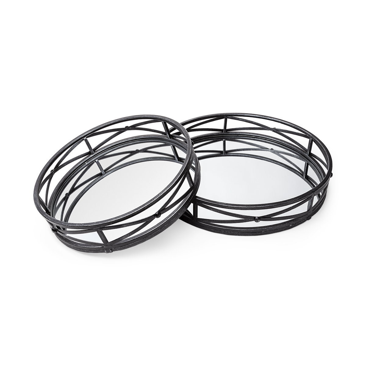 Piers (Set of 2) Black Metal Mirrored Round Trays, Decorative Tray by Mercana, 22" length x 22.05" width x 4.13" height View 1