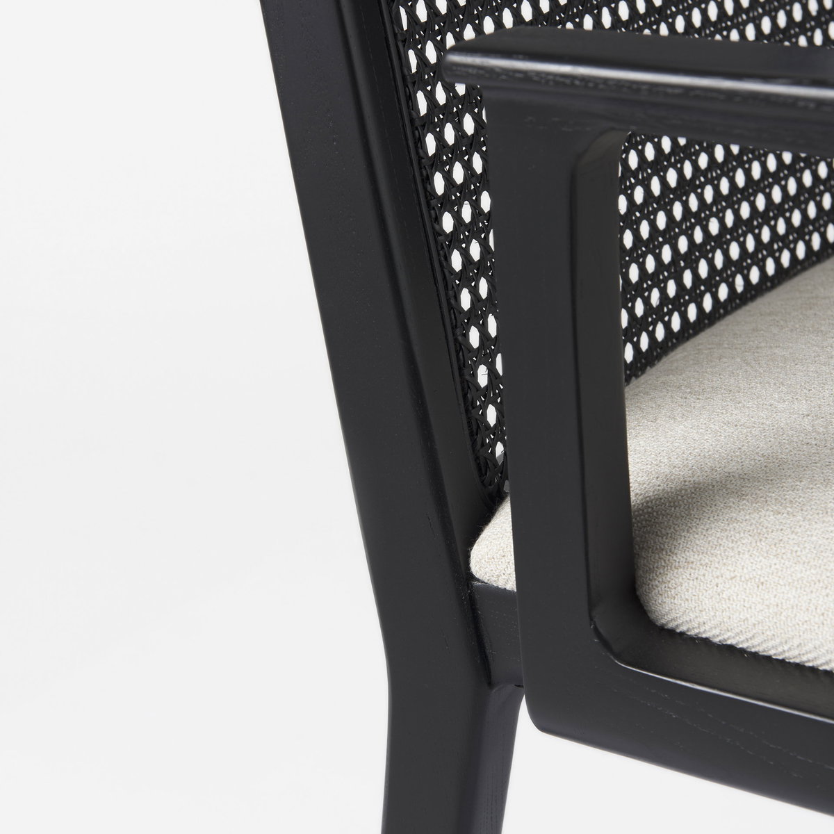 Clara Cane Back Dining Arm Chair | Cream Fabric with Black Wood, Dining Chair by Mercana, 22.5" length x 23.5" width x 33.75" height View 11