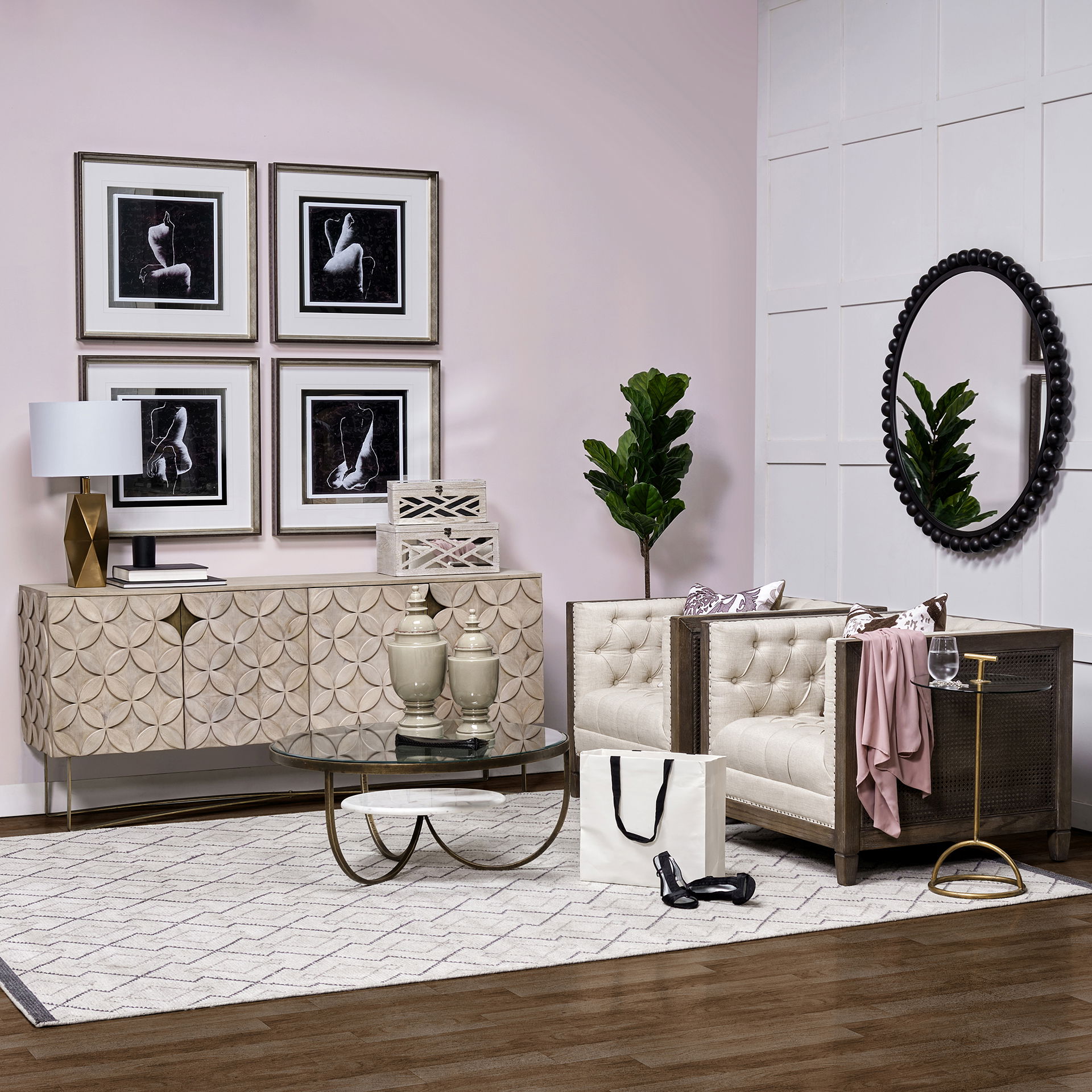 Reinhardt 36' Round Glass Top Marble Shelf Gold Metal Base Coffee Table large image 