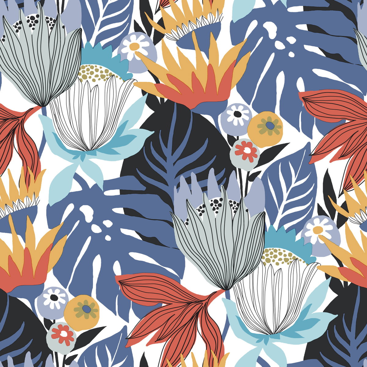 Retro Tropical Leaves Blue Peel & Stick Wallpaper, by York Wall, 16'6" length x 1'8.5" width x 0.02" depth