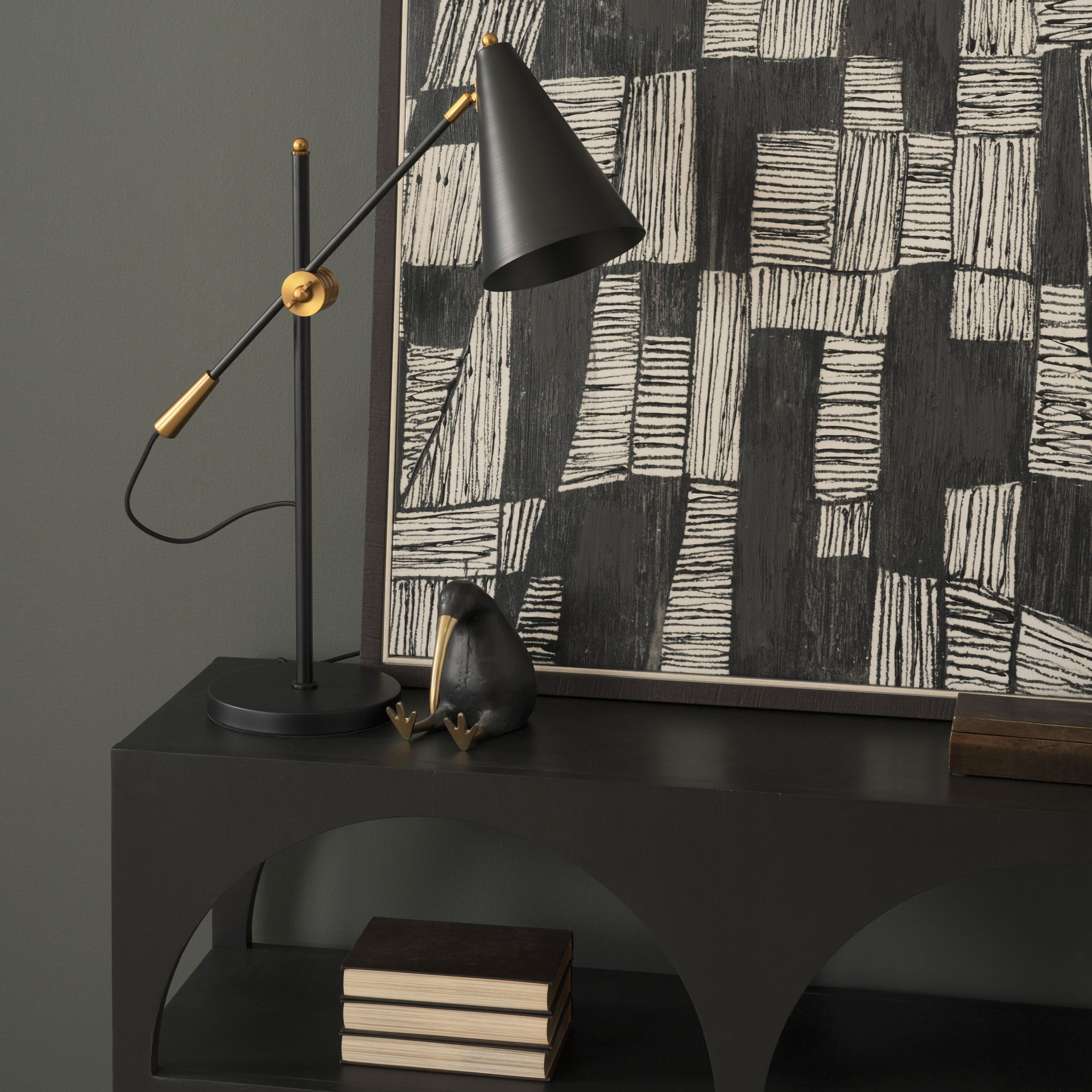 Fragon II(26'H) Black/Gold Metal Adjustable Cone Shade Table Lamp, by Mercana, 9" length x 9" width x 26" height View 2