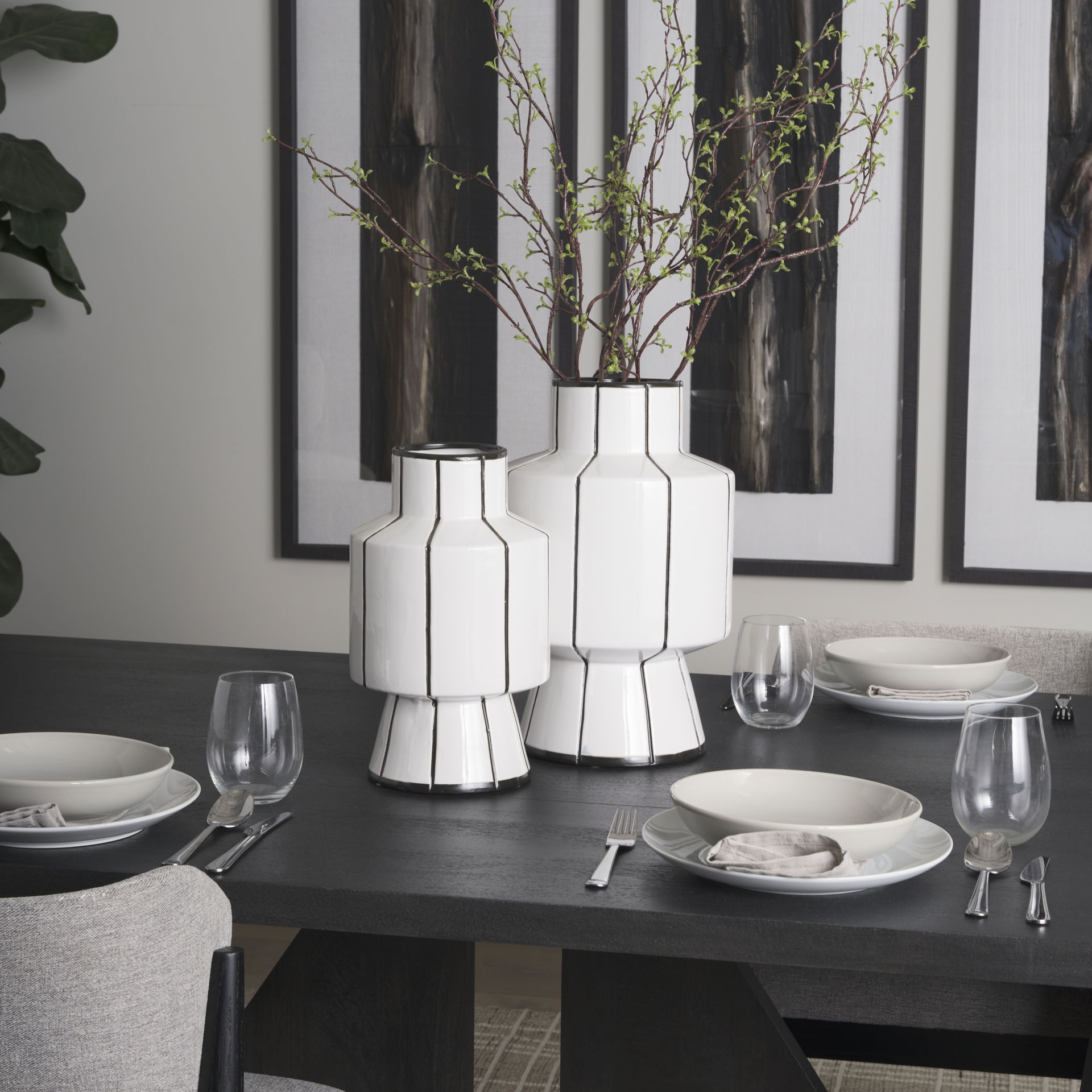 Dinah Large White with Black Stripes  Ceramic Vase, by Mercana, 9.84" length x 9.84" width x 15.94" height View 4