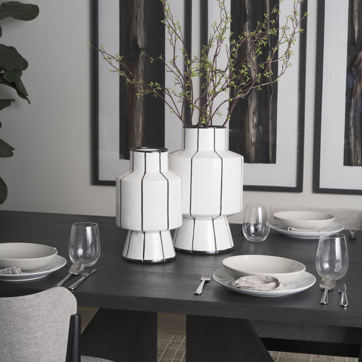 Dinah Large White with Black Stripes  Ceramic Vase, by Mercana, 9.84" length x 9.84" width x 15.94" height View 4