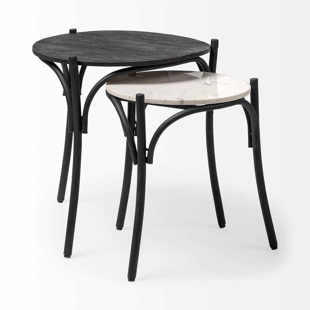 Etienne VII 24' Set of Two Round Top Black Wood and Marble Top Nesting Table, Side & End Table by Mercana, 23" length x 23" width x 24.25" height View 6