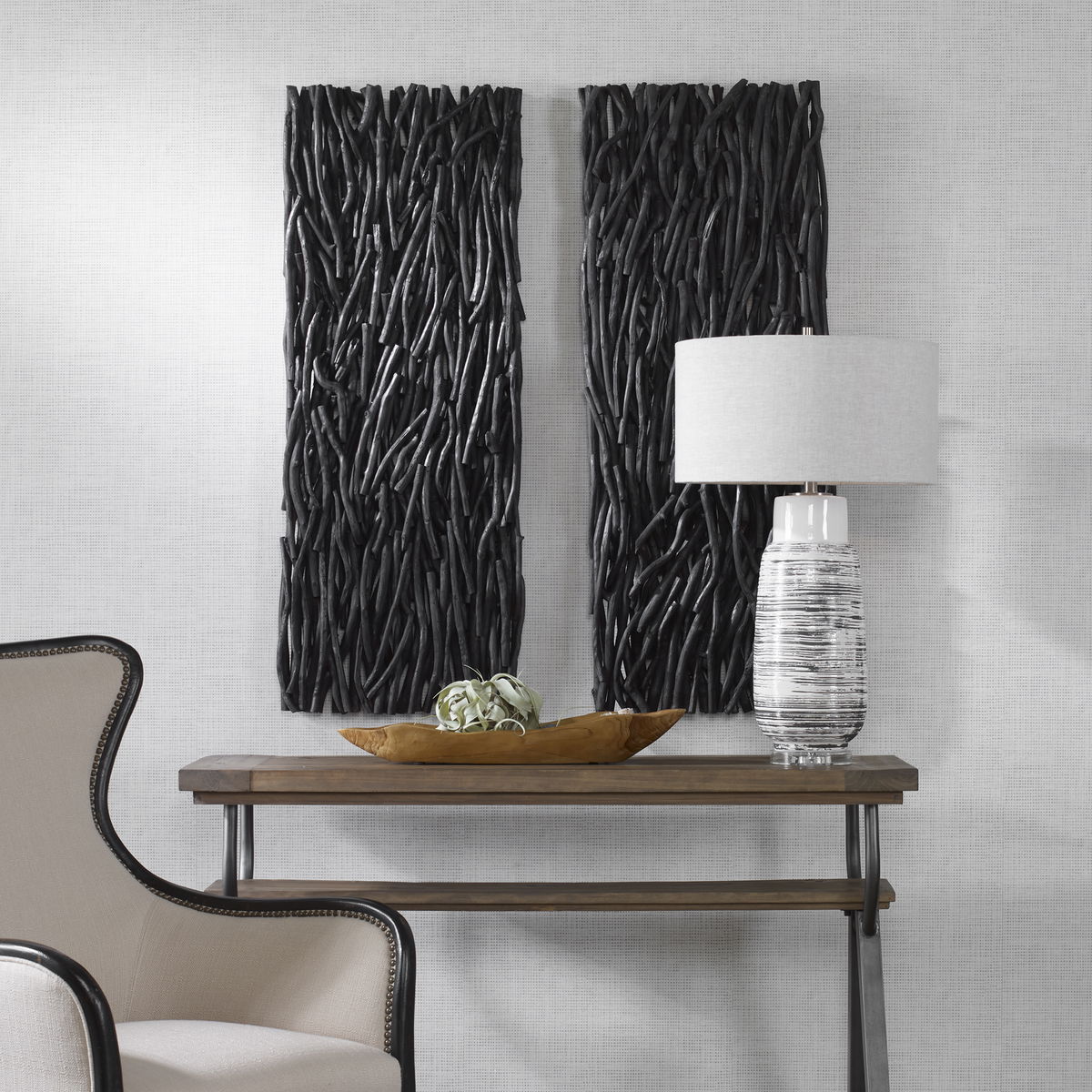 Gathered Teak Black Wood Wall Decor, Art by Uttermost, 19" width x 49" height x 3.5" depth View 5
