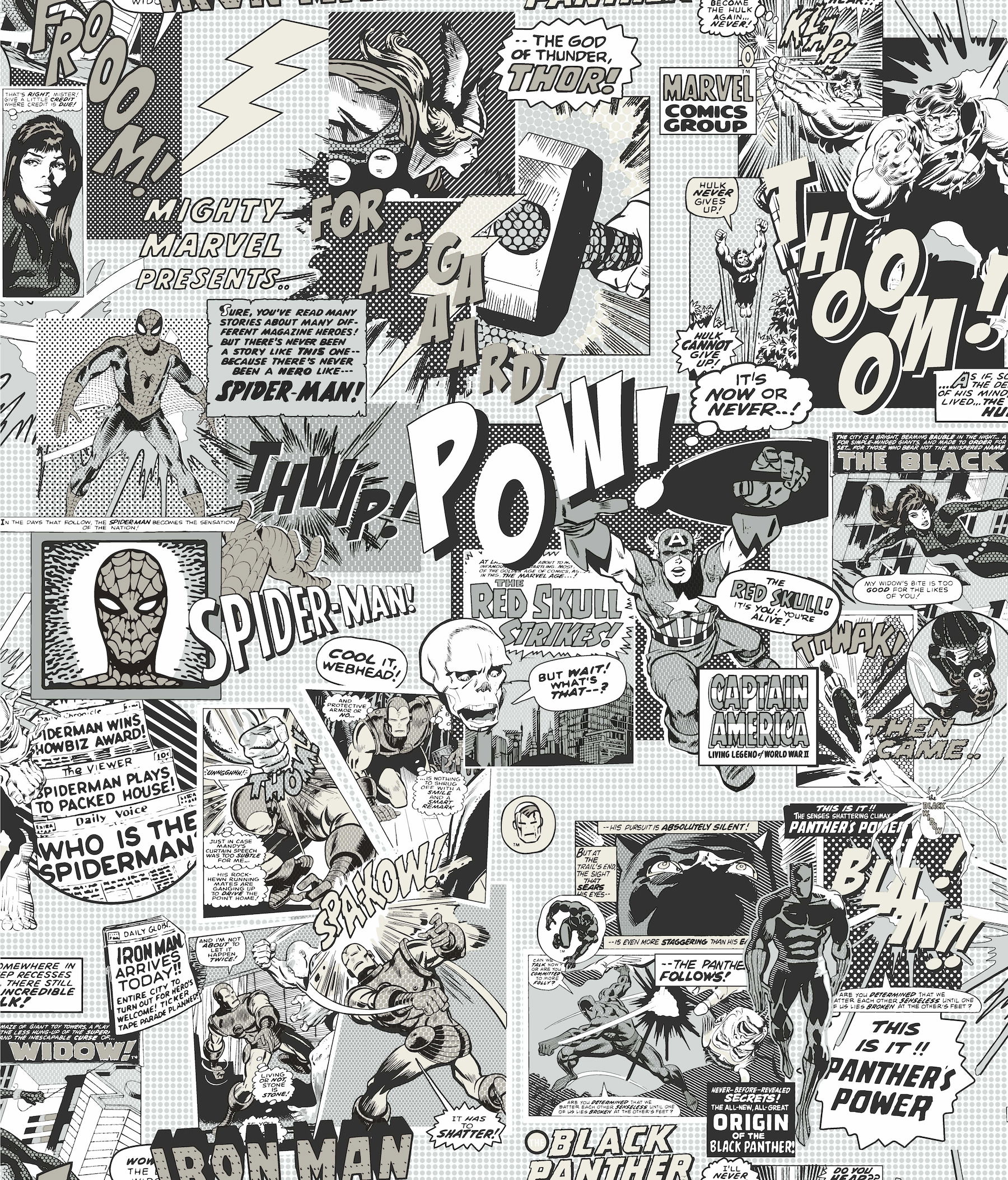Marvel Comics Pow! Black & White Wallpaper, by York Wall, 33' length x 1'8.5" width x 0.02" depth View 1