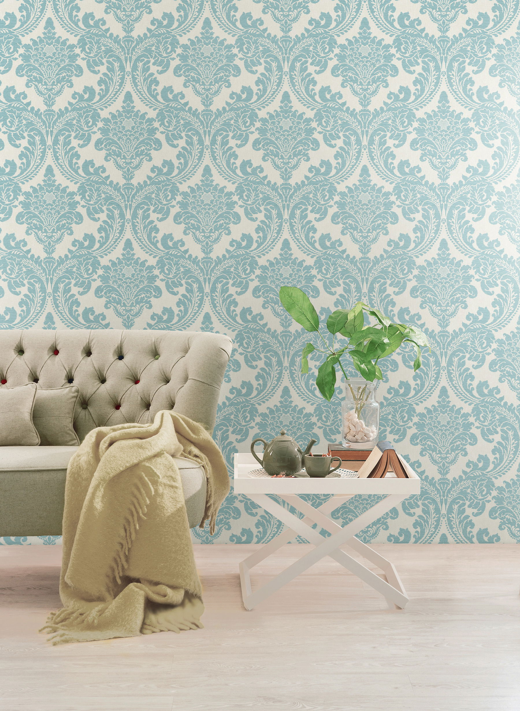 Tapestry Damask Teal Wallpaper large image 