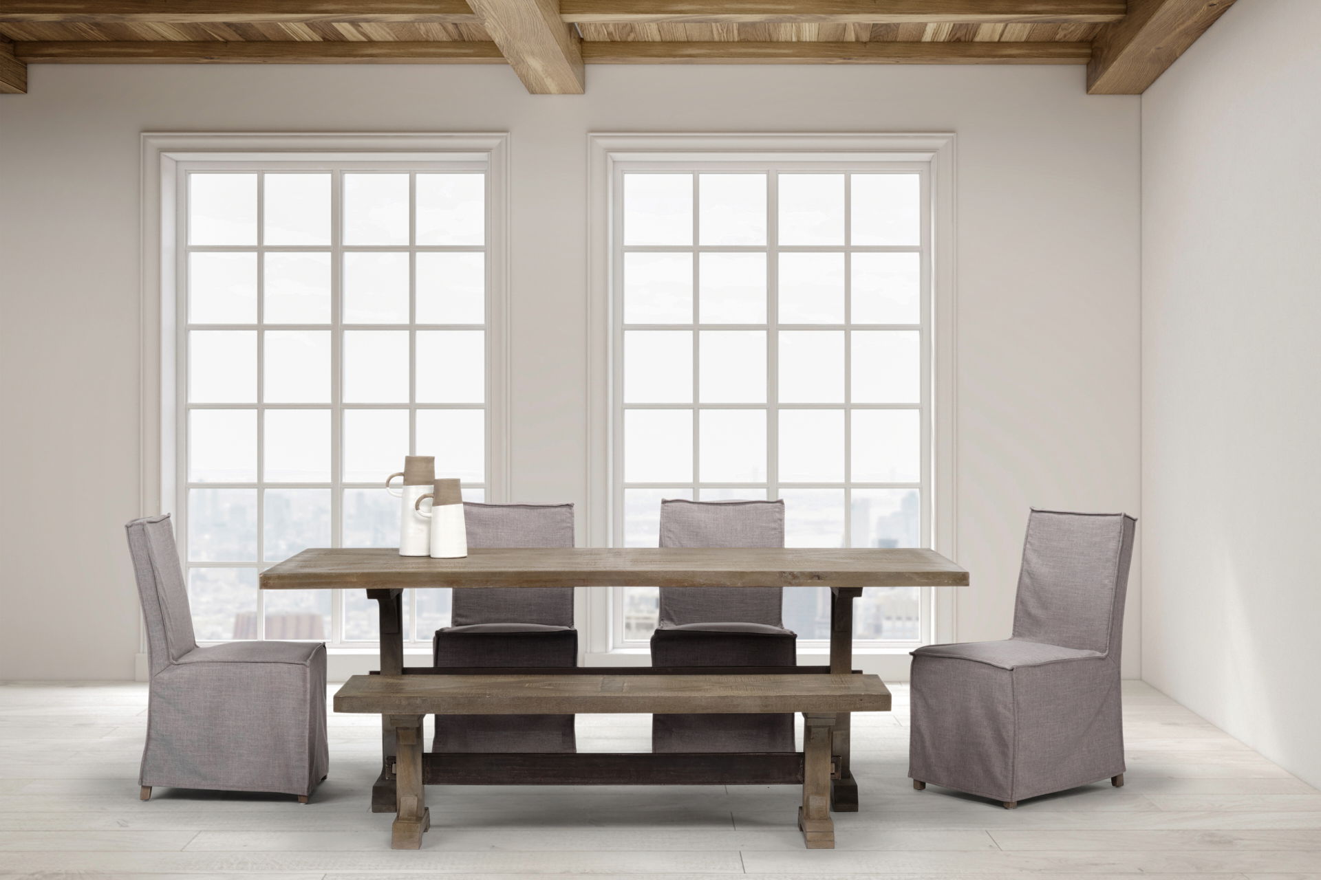 Elbert I Grey Fabric Slip-Cover Brown Wooden Base Dining Chair, by Mercana, 19.25" length x 21.75" width x 35.25" height View 3