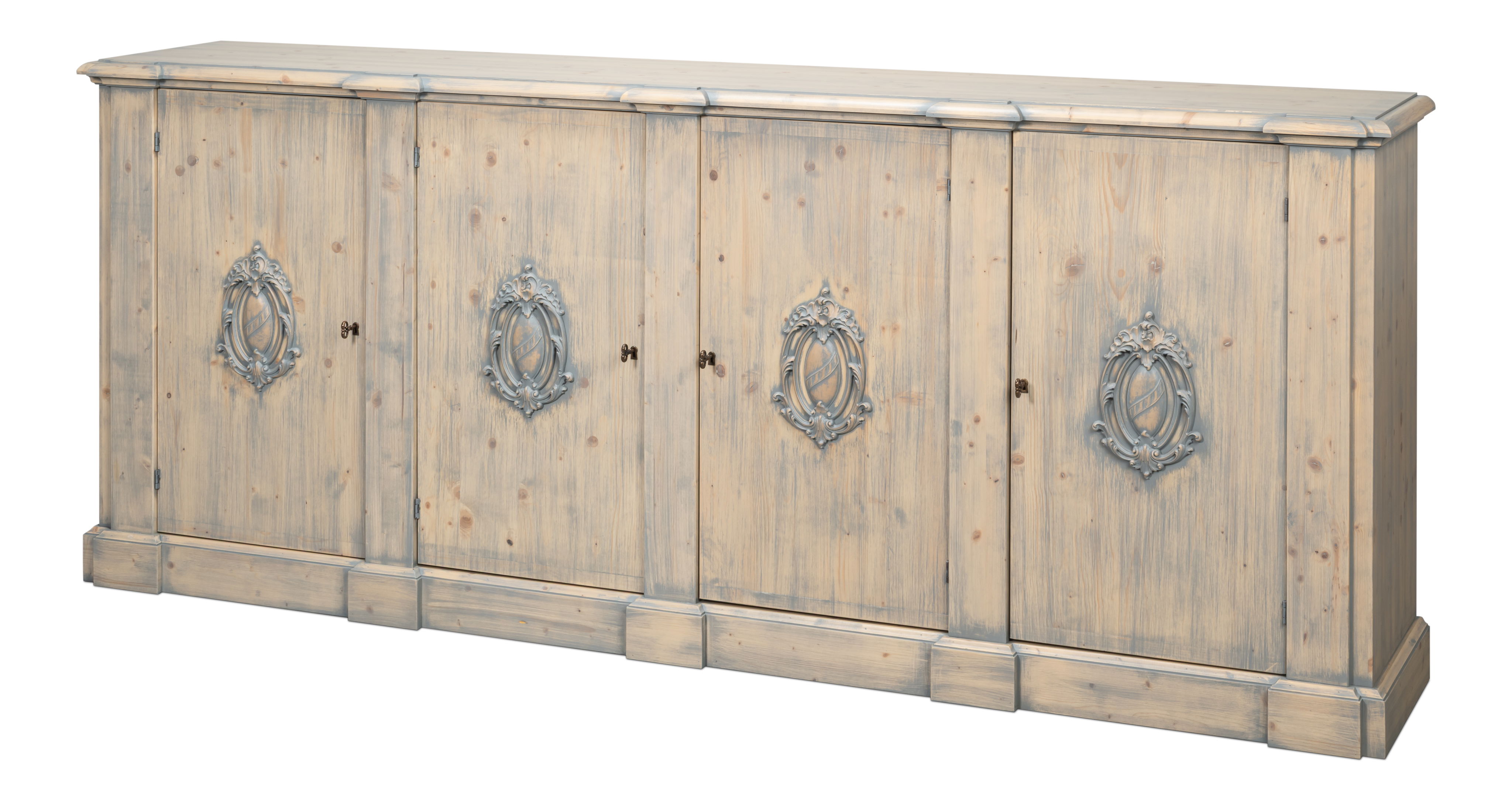 Crested Wall Cabinet,Carmine Legno Tran, Cabinets & Sideboard by Sarreid, 96" length x 18" width x 39" height View 1