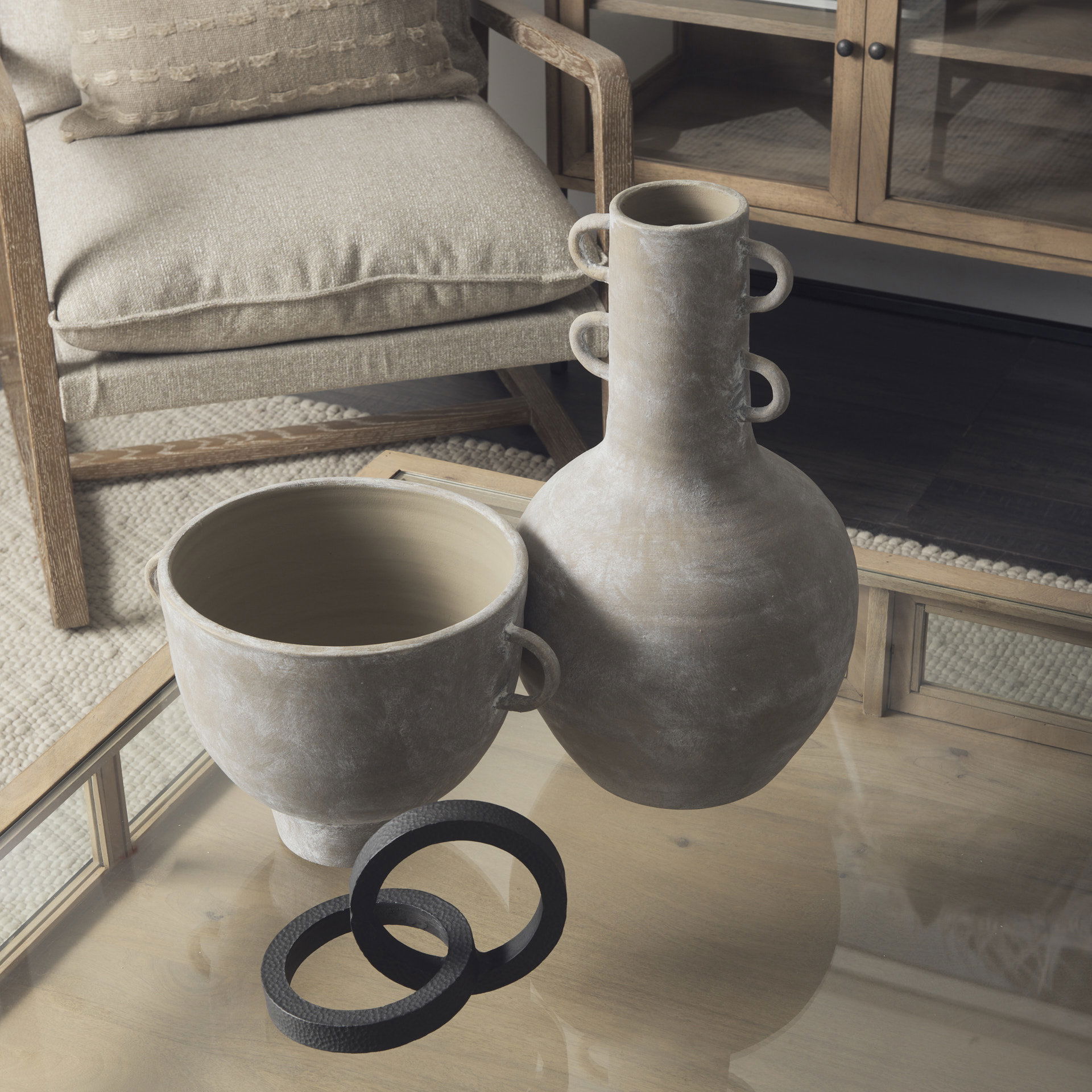 Rafiki Two Blackened Hammered Finish Metal Conjoined Circles, Decorative Object by Mercana, 7.87" length x 5.91" width x 5.91" height View 5