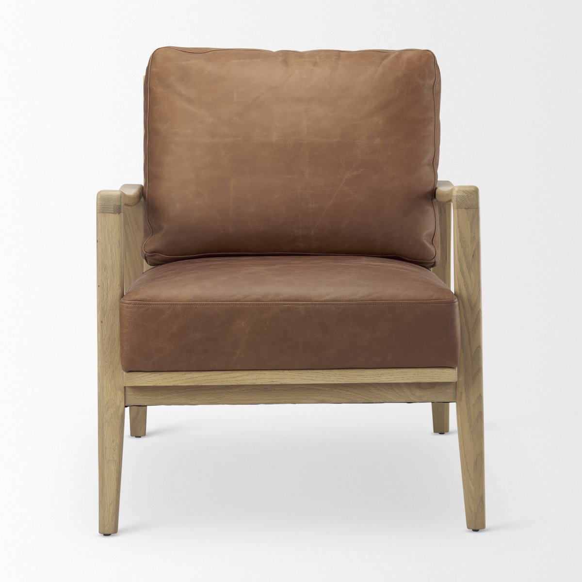 Raeleigh  Cognac Leather with Light Brown Wood Frame Accent Chair, by Mercana, 27.95" length x 34.06" width x 34.45" height View 4