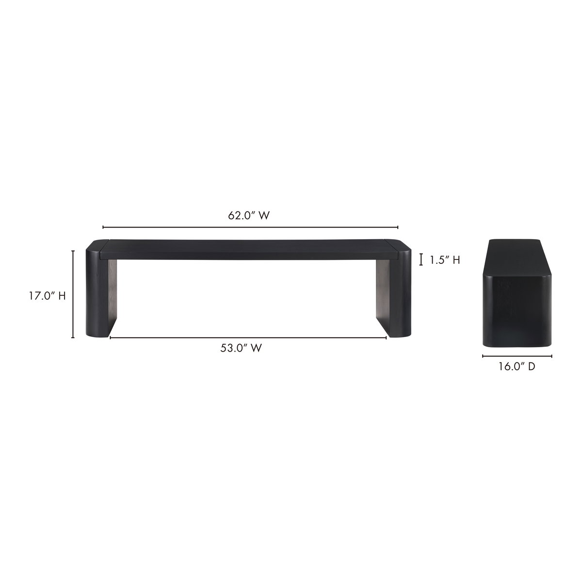 Post Small Dining Bench Black, Benche by Moe's Home, 62" width x 17" height x 16" depth View 8